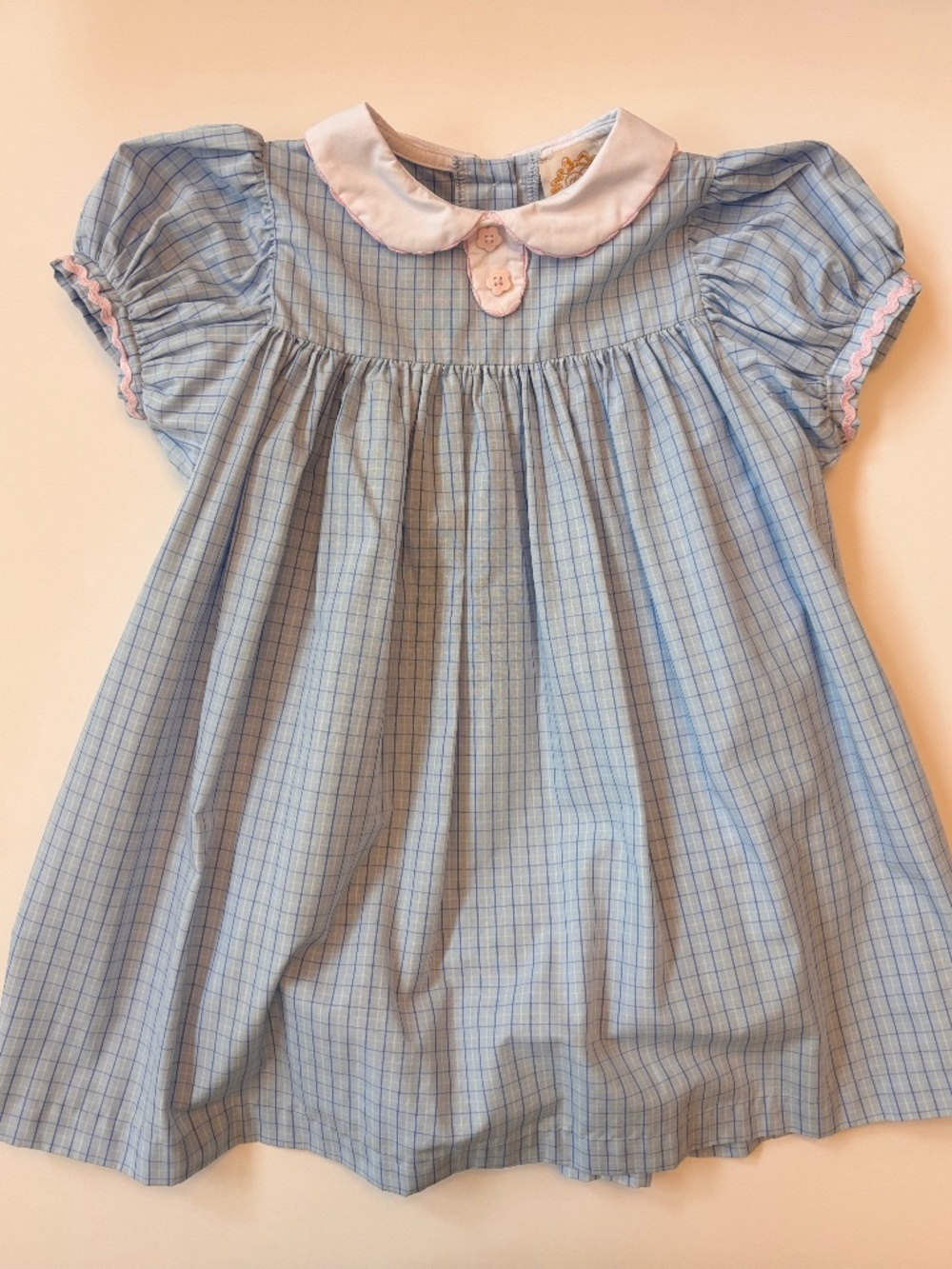 The Beaufort Bonnet Company Girls 4T Blue Check Peter Pan Collar Dress with Pink